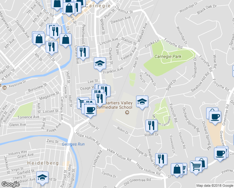 map of restaurants, bars, coffee shops, grocery stores, and more near 941 Charles Street in Carnegie