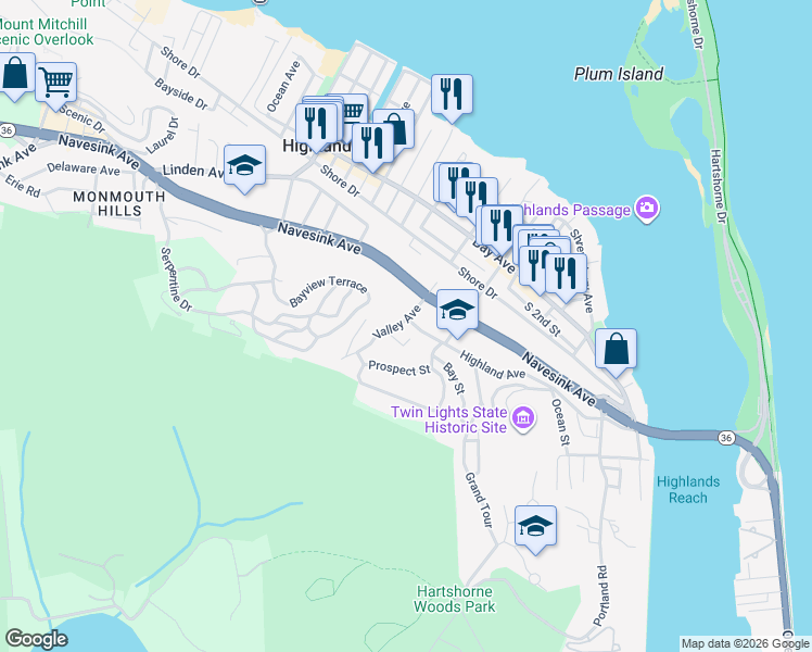 map of restaurants, bars, coffee shops, grocery stores, and more near 95 Valley Avenue in Highlands