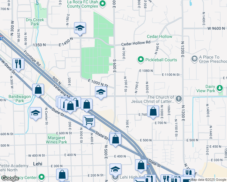 map of restaurants, bars, coffee shops, grocery stores, and more near 945 North 600 East Street in Lehi