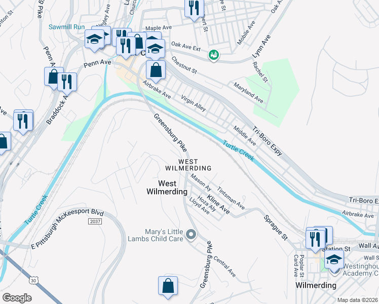 map of restaurants, bars, coffee shops, grocery stores, and more near 275 Greensburg Avenue in North Versailles