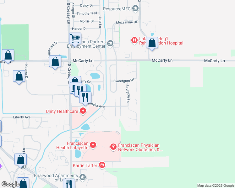 map of restaurants, bars, coffee shops, grocery stores, and more near 1125 Hornbeam Circle East in Lafayette