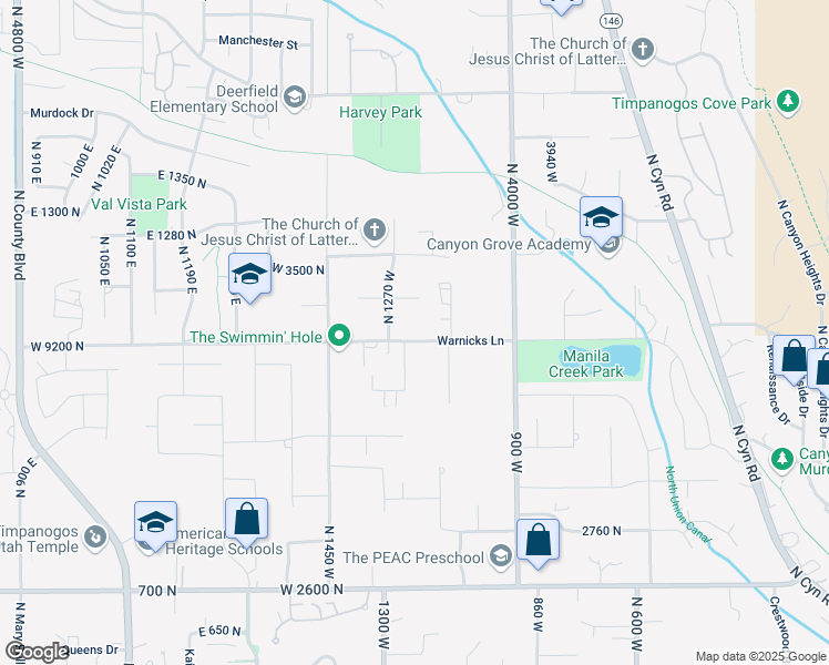 map of restaurants, bars, coffee shops, grocery stores, and more near 1206 West 3300 North in Pleasant Grove