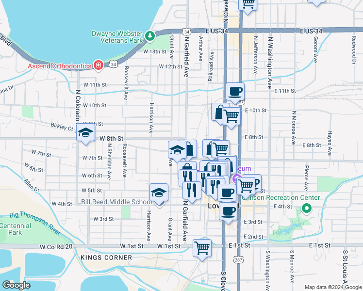 map of restaurants, bars, coffee shops, grocery stores, and more near 713 North Garfield Avenue in Loveland