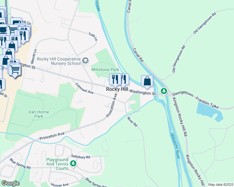 map of restaurants, bars, coffee shops, grocery stores, and more near in Rocky Hill