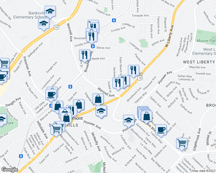 map of restaurants, bars, coffee shops, grocery stores, and more near 2424 Vodeli Street in Pittsburgh