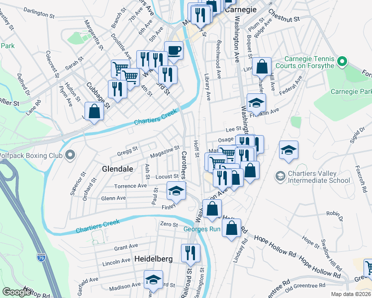map of restaurants, bars, coffee shops, grocery stores, and more near 503-505 Carothers Avenue in Carnegie