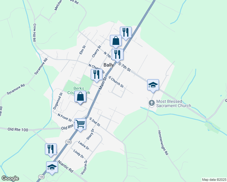map of restaurants, bars, coffee shops, grocery stores, and more near 520 Walnut Street in Bally