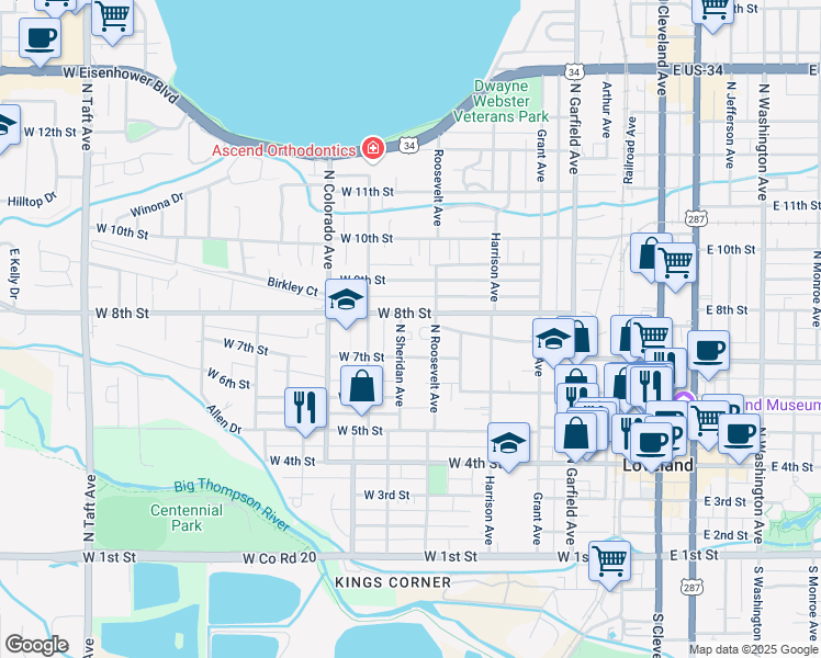 map of restaurants, bars, coffee shops, grocery stores, and more near 740 North Sheridan Avenue in Loveland