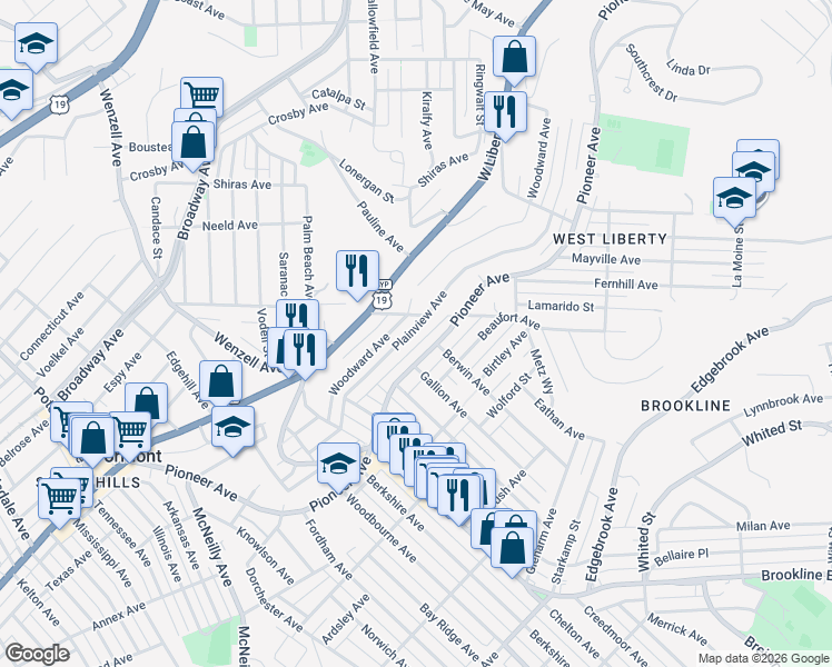 map of restaurants, bars, coffee shops, grocery stores, and more near 2427 Plainview Avenue in Pittsburgh