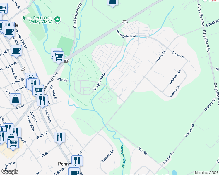 map of restaurants, bars, coffee shops, grocery stores, and more near 2000 Sunnyvale Drive in Pennsburg