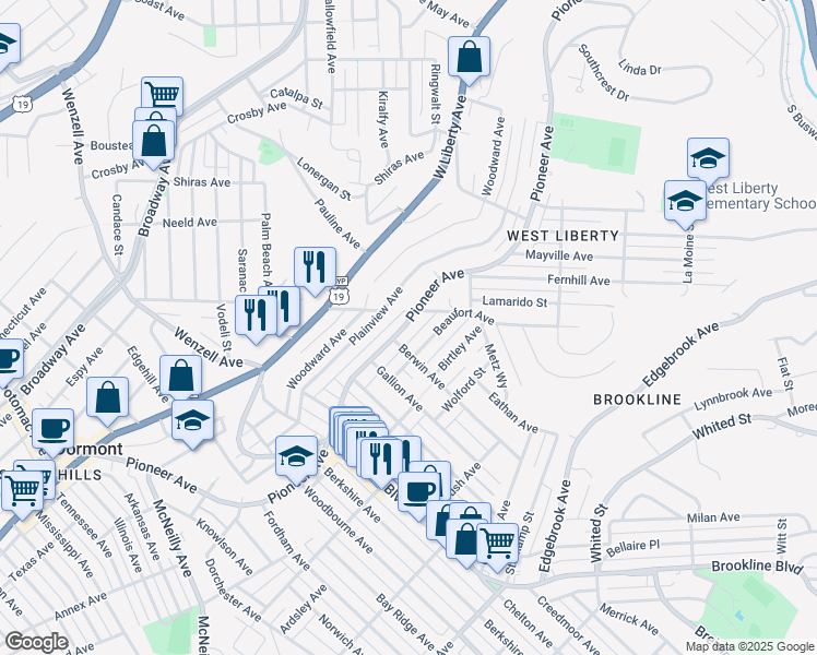 map of restaurants, bars, coffee shops, grocery stores, and more near 2321 Pioneer Avenue in Pittsburgh