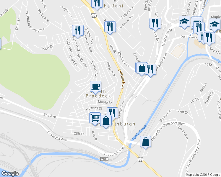 map of restaurants, bars, coffee shops, grocery stores, and more near 553 Ridge Avenue in East Pittsburgh