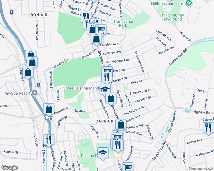map of restaurants, bars, coffee shops, grocery stores, and more near 1607 Brownsville Road in Pittsburgh