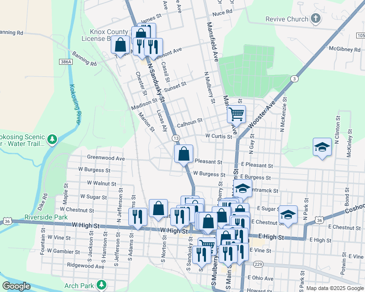 map of restaurants, bars, coffee shops, grocery stores, and more near 510 North Sandusky Street in Mount Vernon