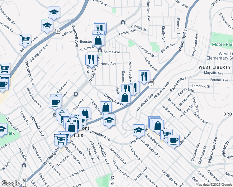 map of restaurants, bars, coffee shops, grocery stores, and more near 2424 Vodeli Street in Pittsburgh