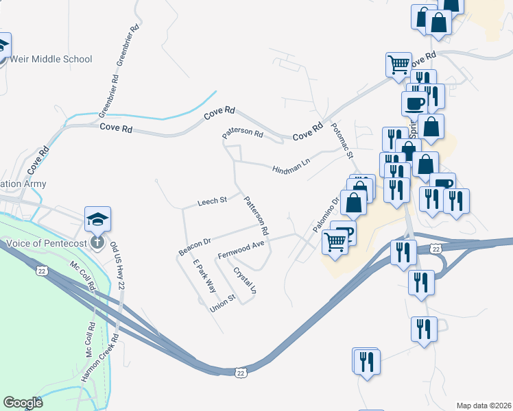 map of restaurants, bars, coffee shops, grocery stores, and more near 173 Patterson Rd in Weirton