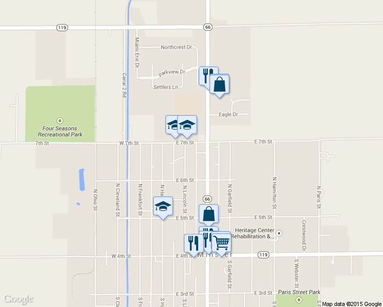map of restaurants, bars, coffee shops, grocery stores, and more near 272 North Lincoln Street in Minster