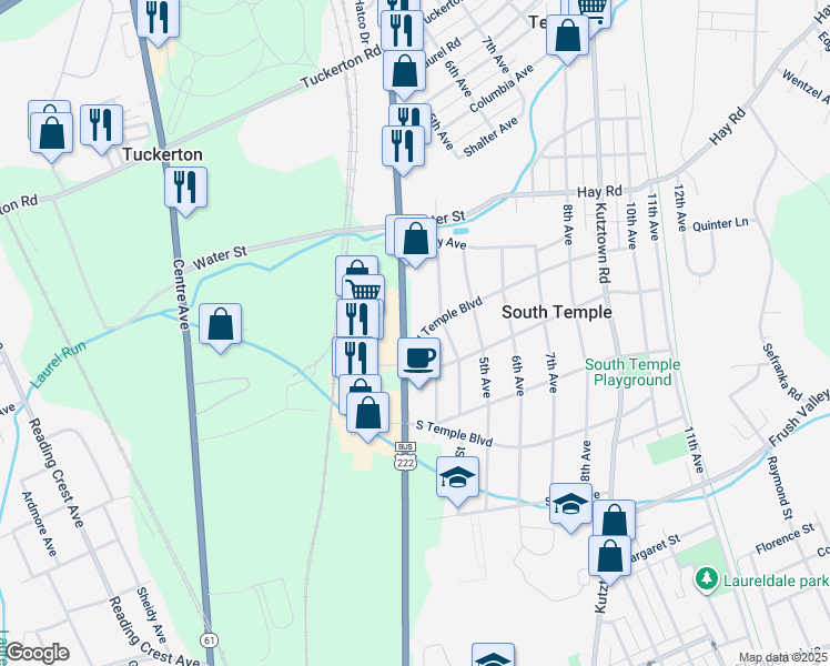 map of restaurants, bars, coffee shops, grocery stores, and more near 301 North Temple Boulevard in Temple