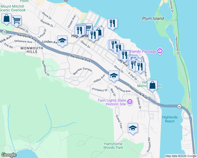 map of restaurants, bars, coffee shops, grocery stores, and more near 95 Valley Avenue in Highlands