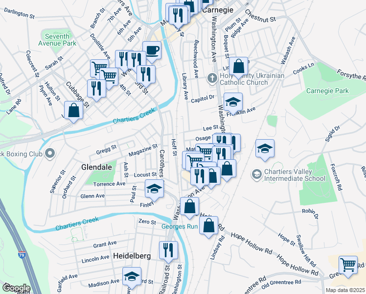 map of restaurants, bars, coffee shops, grocery stores, and more near 924 Kennedy Street in Carnegie