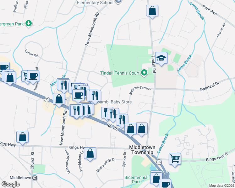 map of restaurants, bars, coffee shops, grocery stores, and more near 9 Forest Drive in Middletown Township