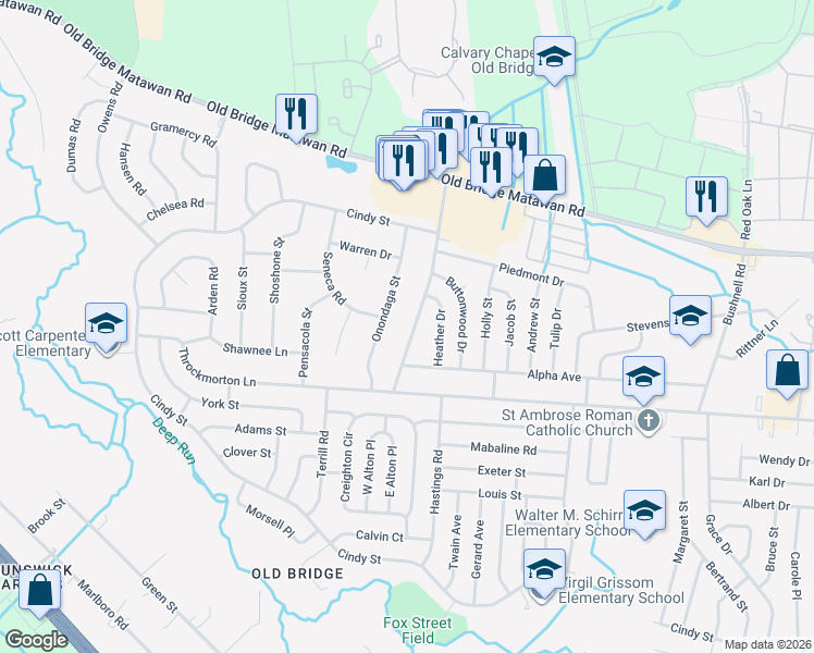 map of restaurants, bars, coffee shops, grocery stores, and more near 59 Gaub Road in Old Bridge