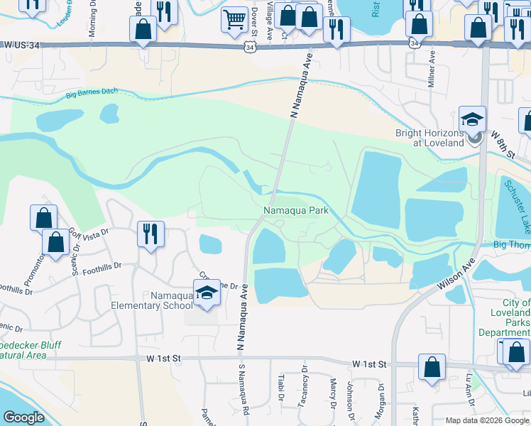 map of restaurants, bars, coffee shops, grocery stores, and more near 757 Namaqua Road in Loveland