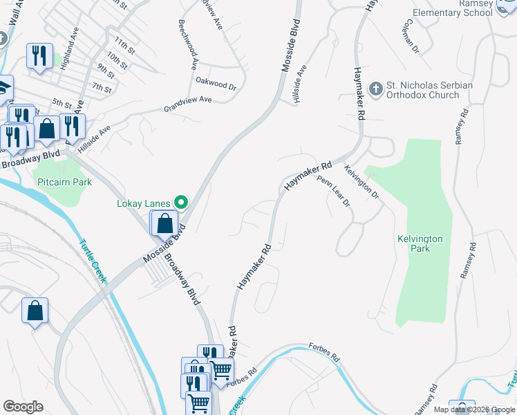 map of restaurants, bars, coffee shops, grocery stores, and more near 125 Horizon Drive in Monroeville