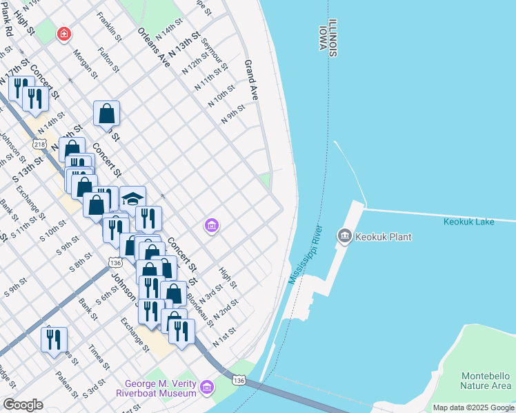 map of restaurants, bars, coffee shops, grocery stores, and more near 429 Franklin Street in Keokuk