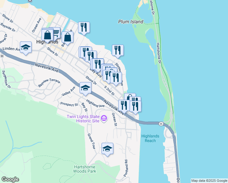 map of restaurants, bars, coffee shops, grocery stores, and more near 85 Bay Ave in Highlands