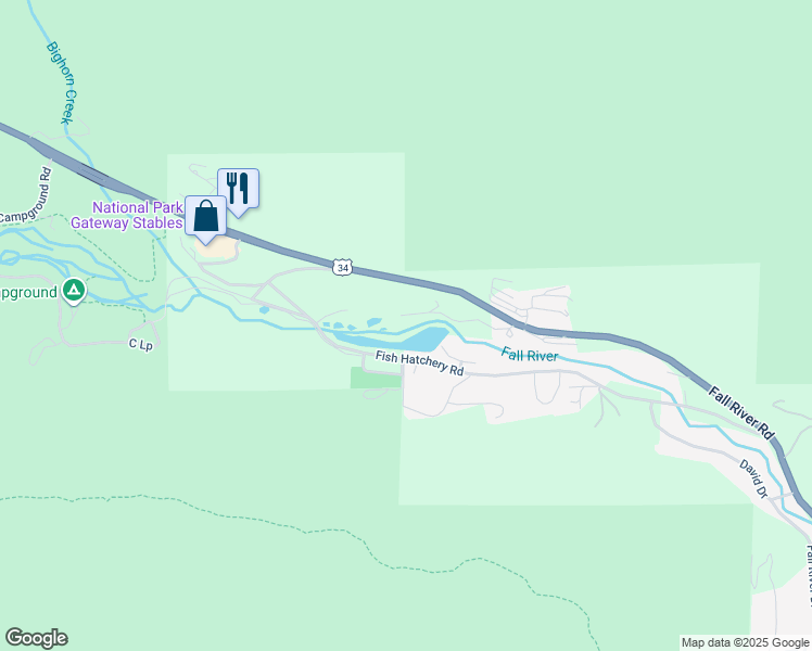 map of restaurants, bars, coffee shops, grocery stores, and more near 2864 Fall River Road in Estes Park