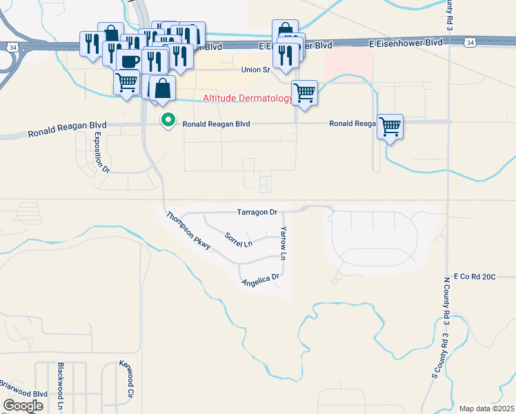map of restaurants, bars, coffee shops, grocery stores, and more near 4611 Tarragon Drive in Johnstown