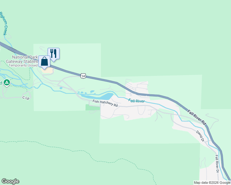 map of restaurants, bars, coffee shops, grocery stores, and more near 2840 Fall River Road in Estes Park