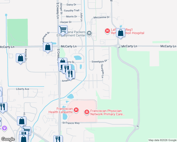 map of restaurants, bars, coffee shops, grocery stores, and more near 1124 Hornbeam Circle East in Lafayette