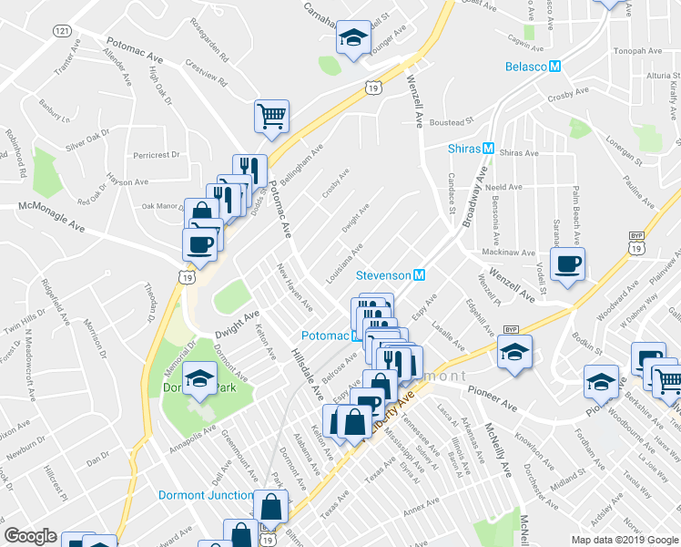 map of restaurants, bars, coffee shops, grocery stores, and more near 2823 Louisiana Avenue in Pittsburgh