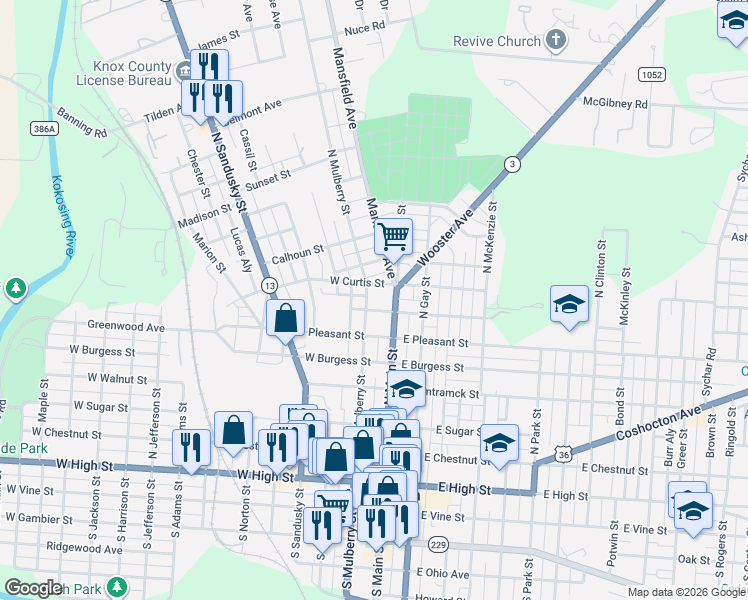 map of restaurants, bars, coffee shops, grocery stores, and more near 601 North Mulberry Street in Mount Vernon