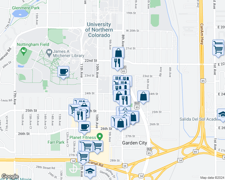 map of restaurants, bars, coffee shops, grocery stores, and more near 2340 9th Avenue in Greeley