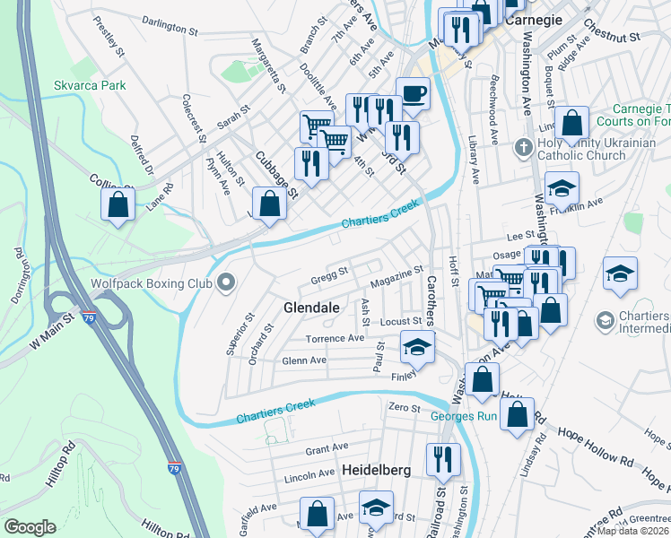map of restaurants, bars, coffee shops, grocery stores, and more near 349 Gregg Street in Carnegie