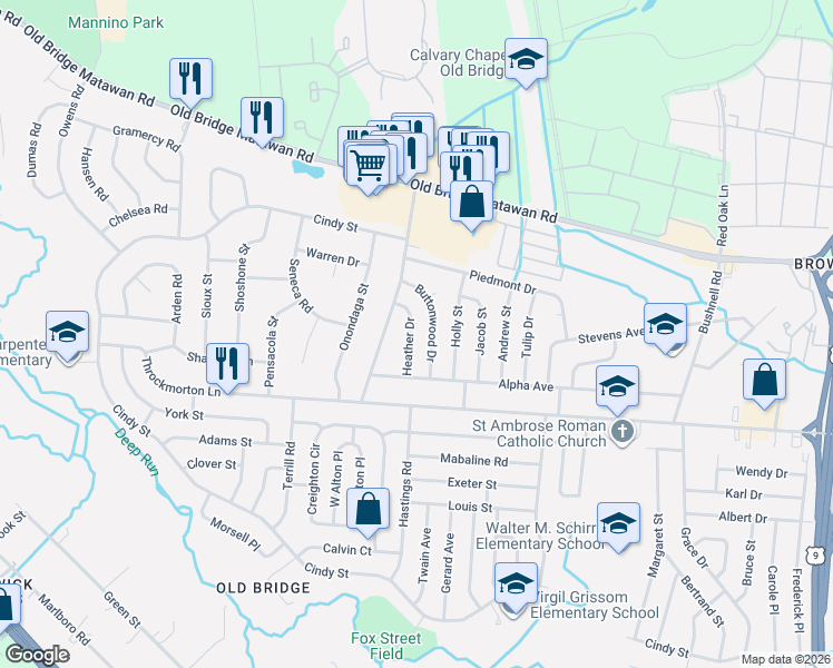 map of restaurants, bars, coffee shops, grocery stores, and more near 16 Heather Drive in Old Bridge