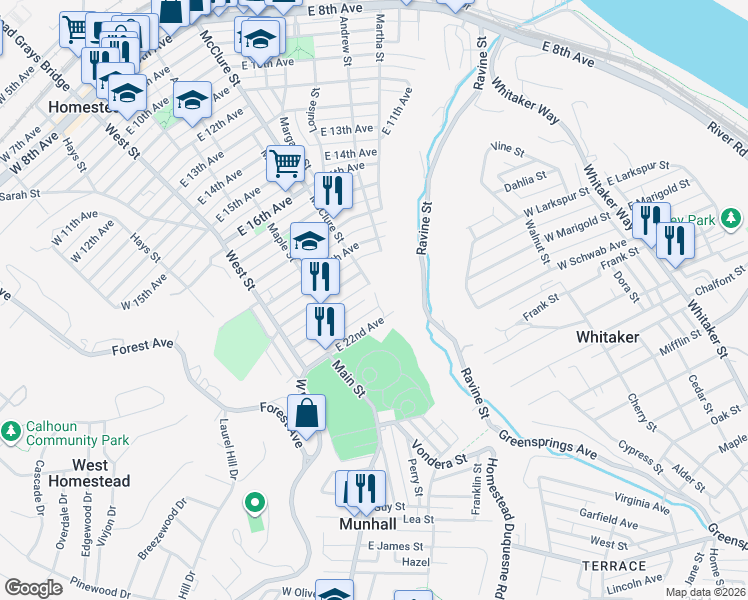 map of restaurants, bars, coffee shops, grocery stores, and more near 233 East 21st Avenue in Munhall