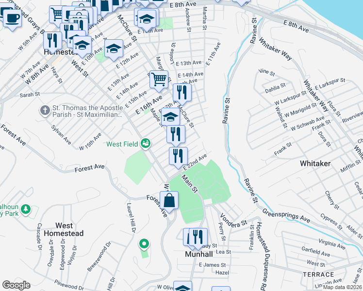 map of restaurants, bars, coffee shops, grocery stores, and more near 150 East 20th Avenue in Munhall