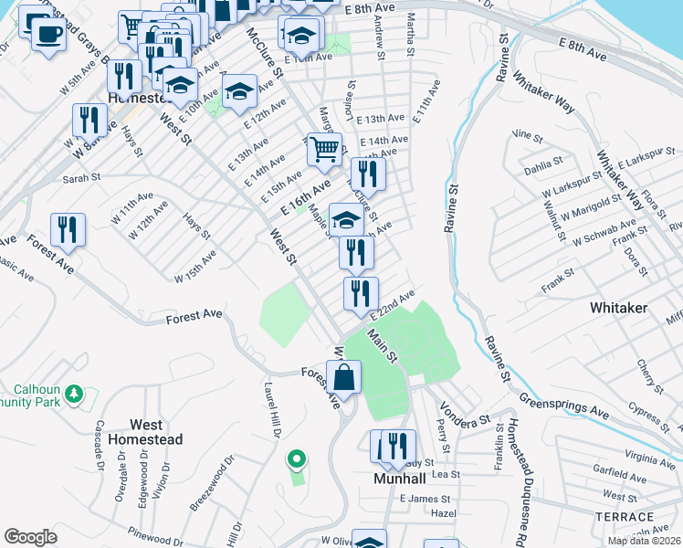 map of restaurants, bars, coffee shops, grocery stores, and more near 118 East 19th Avenue in Munhall