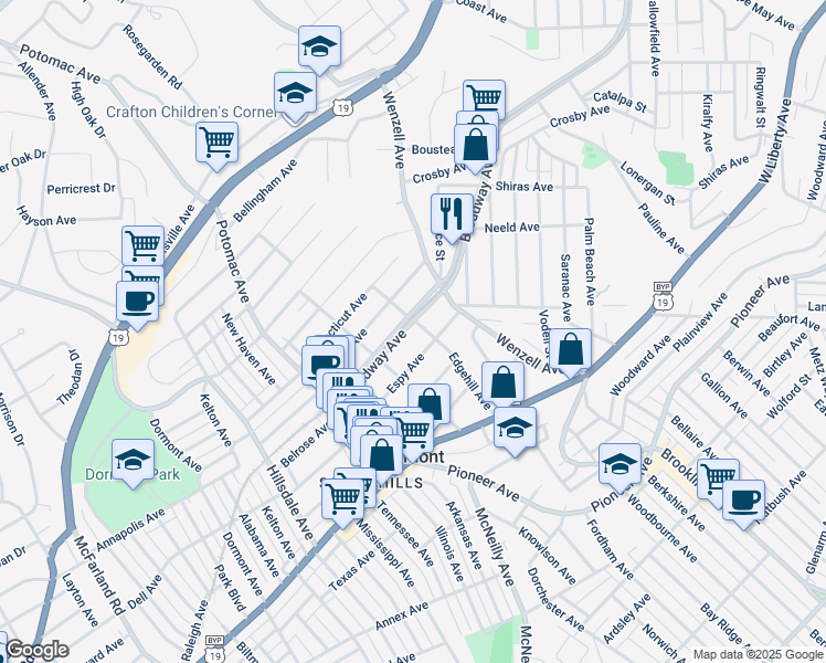 map of restaurants, bars, coffee shops, grocery stores, and more near 2700 Espy Avenue in Pittsburgh
