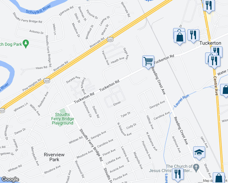 map of restaurants, bars, coffee shops, grocery stores, and more near 203 Elmer Circle in Reading
