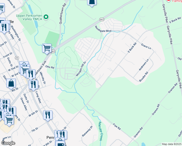 map of restaurants, bars, coffee shops, grocery stores, and more near 2000 Sunnyvale Drive in Pennsburg