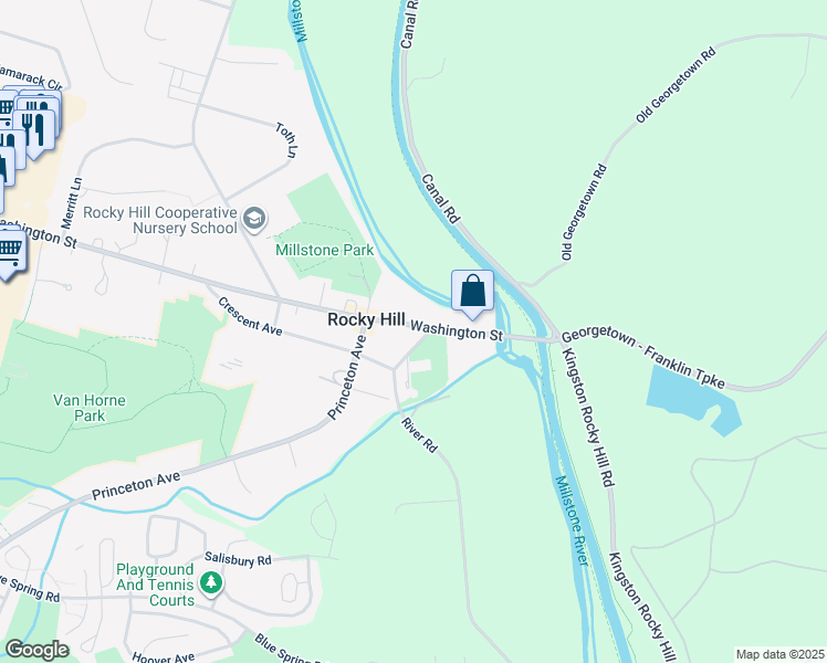 map of restaurants, bars, coffee shops, grocery stores, and more near 169 Washington Street in Rocky Hill