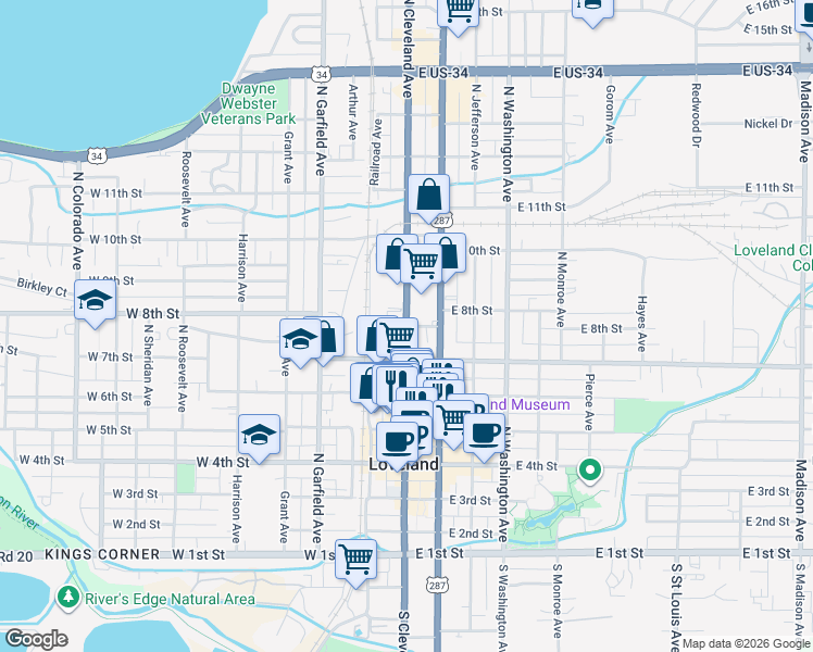 map of restaurants, bars, coffee shops, grocery stores, and more near 746 North Cleveland Avenue in Loveland
