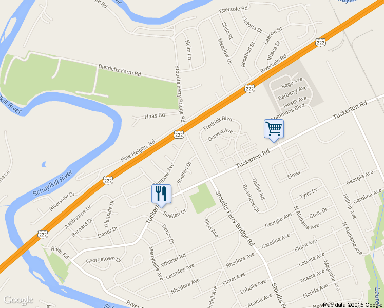 map of restaurants, bars, coffee shops, grocery stores, and more near 801 Suellen Drive in Reading