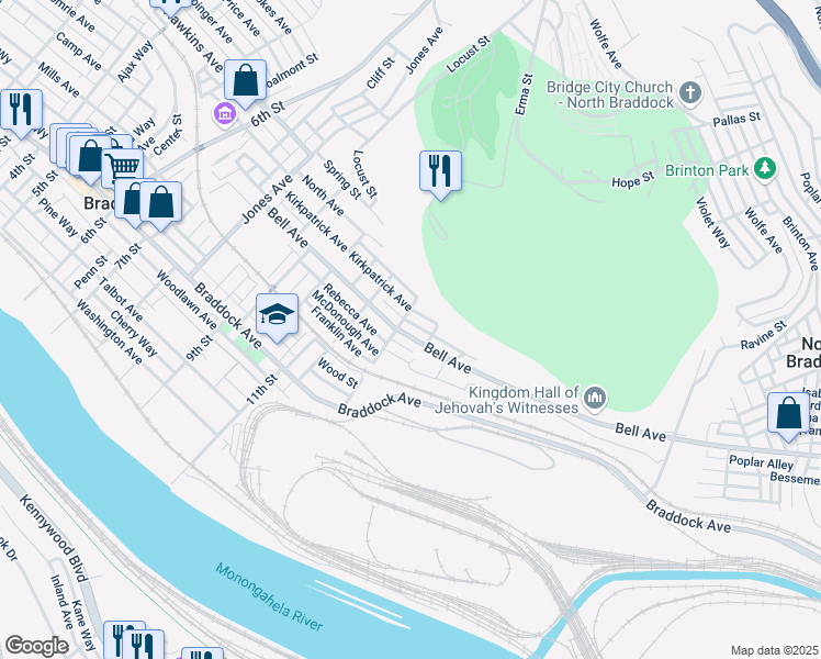map of restaurants, bars, coffee shops, grocery stores, and more near 1311 Bell Avenue in Braddock