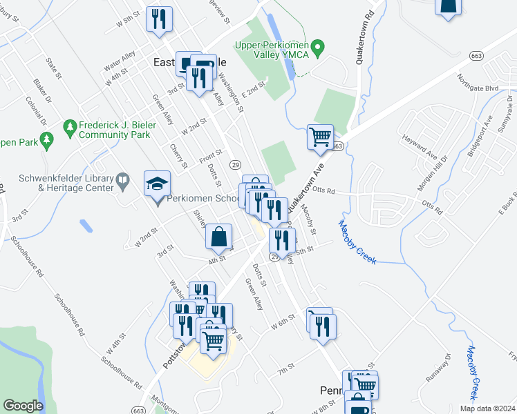 map of restaurants, bars, coffee shops, grocery stores, and more near 320 Main Street in Pennsburg